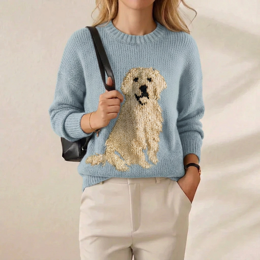 Golden Retriever Intarsia Crew Neck Sweater – Sky Blue