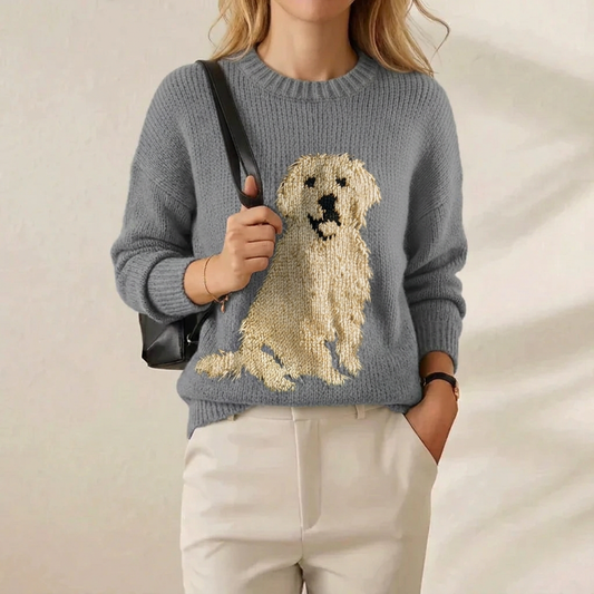 Golden Retriever Intarsia Crew Neck Sweater – Slate Blue