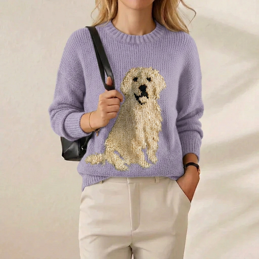 Golden Retriever Intarsia Crew Neck Sweater – Soft Lilac