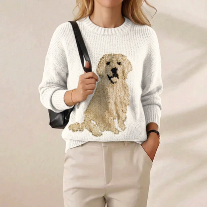 Golden Retriever Intarsia Crew Neck Sweater – White