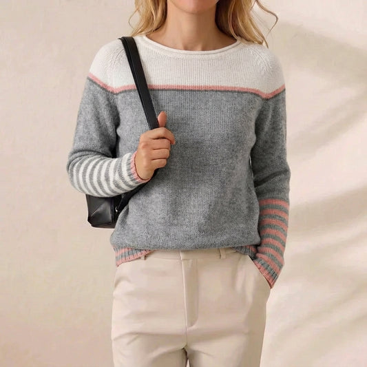 Grey & Pink Stripe Sleeve Colorblock Crew Neck Knit Sweater