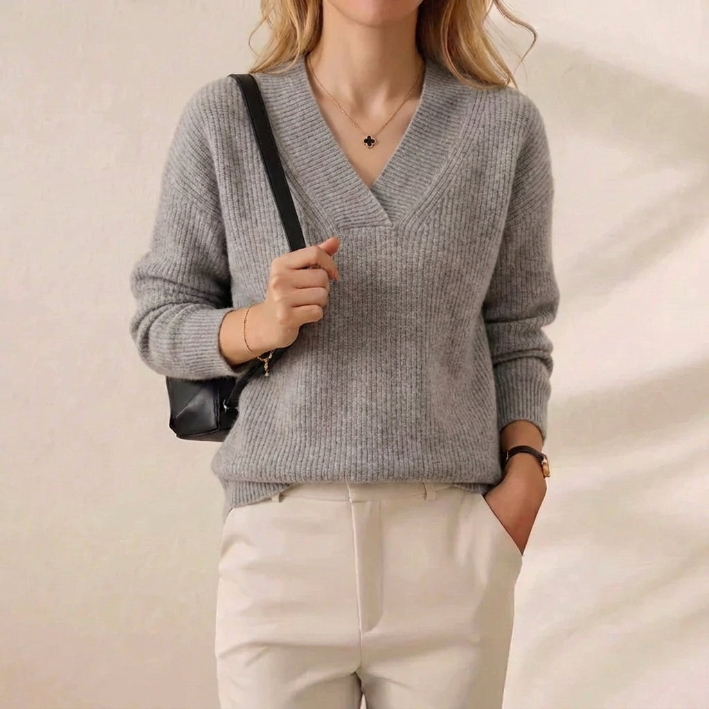 Heather Grey V Neck Ribbed Cashmere Blend Sweater