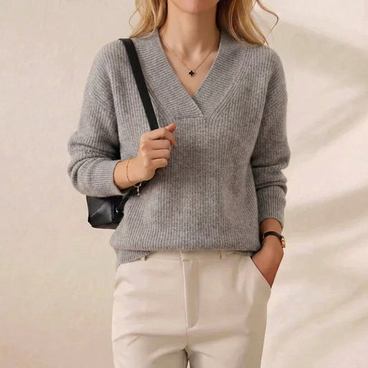 Heather Grey V Neck Ribbed Cashmere Blend Sweater