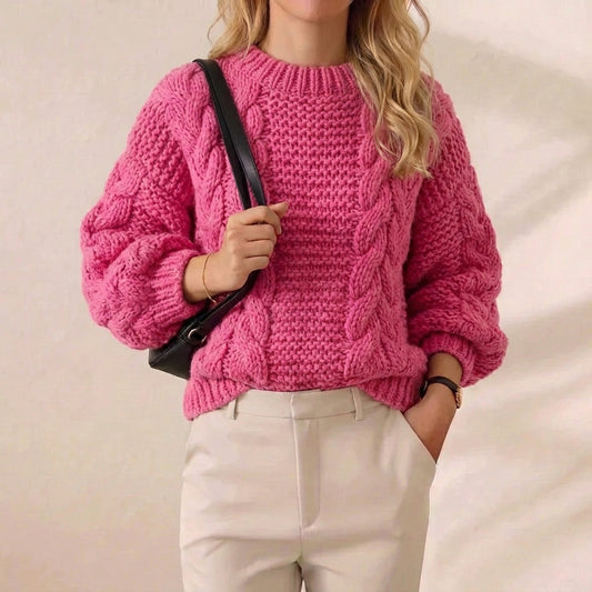 Hot Pink Chunky Cable Knit Balloon Sleeve Crew Neck Sweater