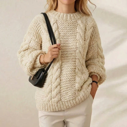 Ivory Chunky Cable Crewneck Cream Oversized Braided Knit Pullover