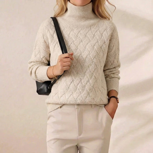 Ivory Basketweave Textured Turtleneck Knit Sweater