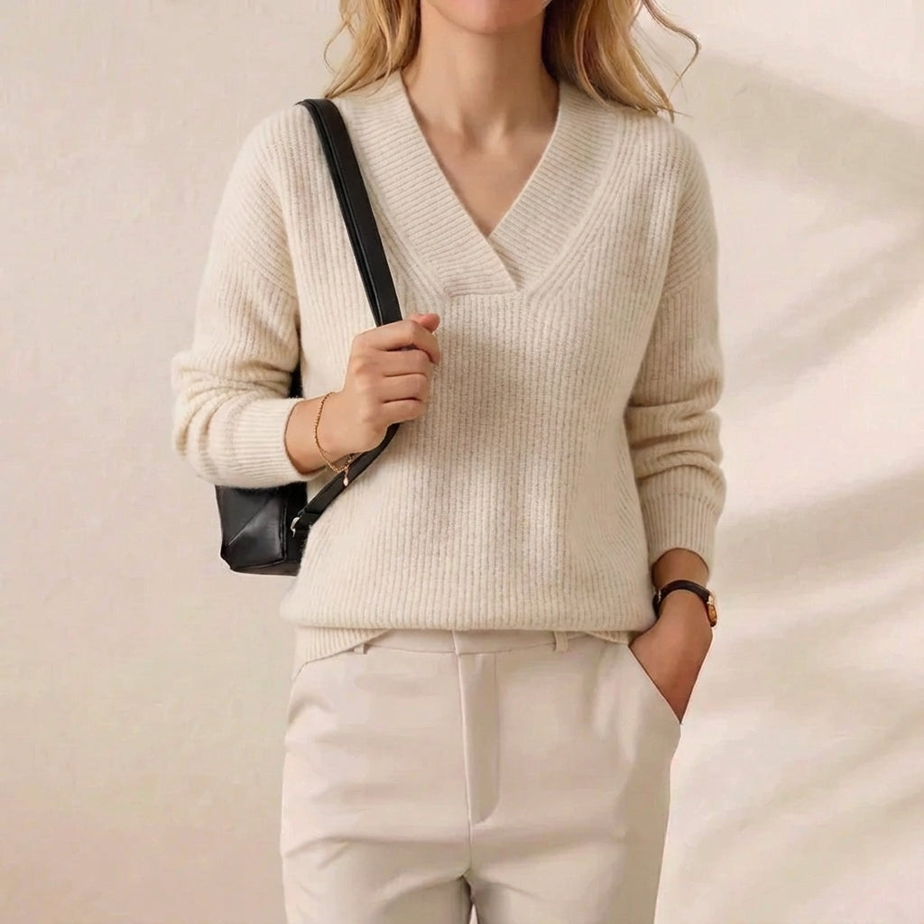 Ivory Cashmere Soft V Neck Ribbed Pullover