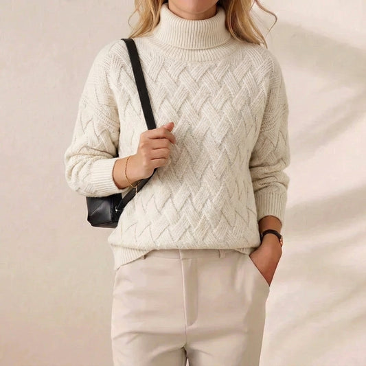 Ivory Lattice Weave Cable Turtleneck Knit Sweater