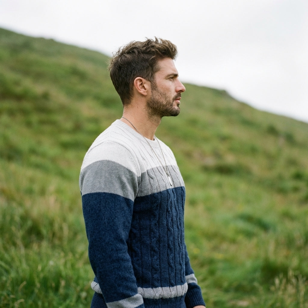 Ivory & Navy Colorblock Cable Knit Crewneck