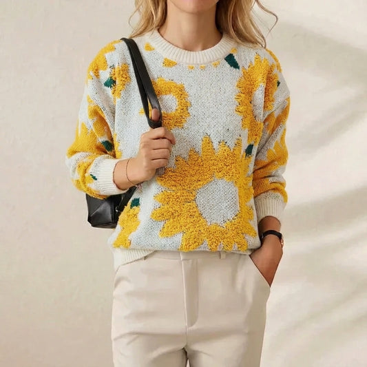 Ivory Oversized Sunflower Bouclé Jacquard Crew Neck Sweater