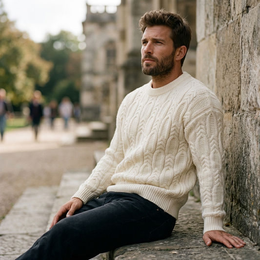 Ivory White Aran Cable Knit Crewneck