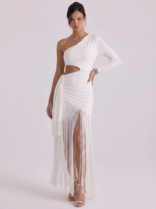 Jersey Cutout One Shoulder Maxi Dress Fringe Hem