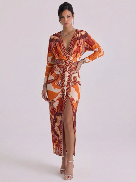 Jersey Geometric Print Midi Dress With Ruched Detail