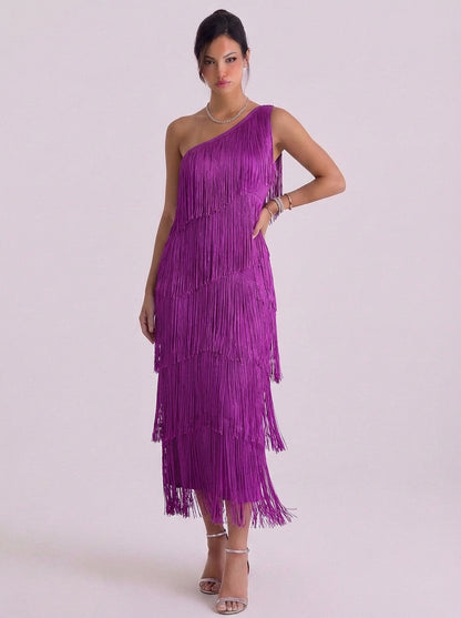Jersey One Shoulder Fringe Midi Dress
