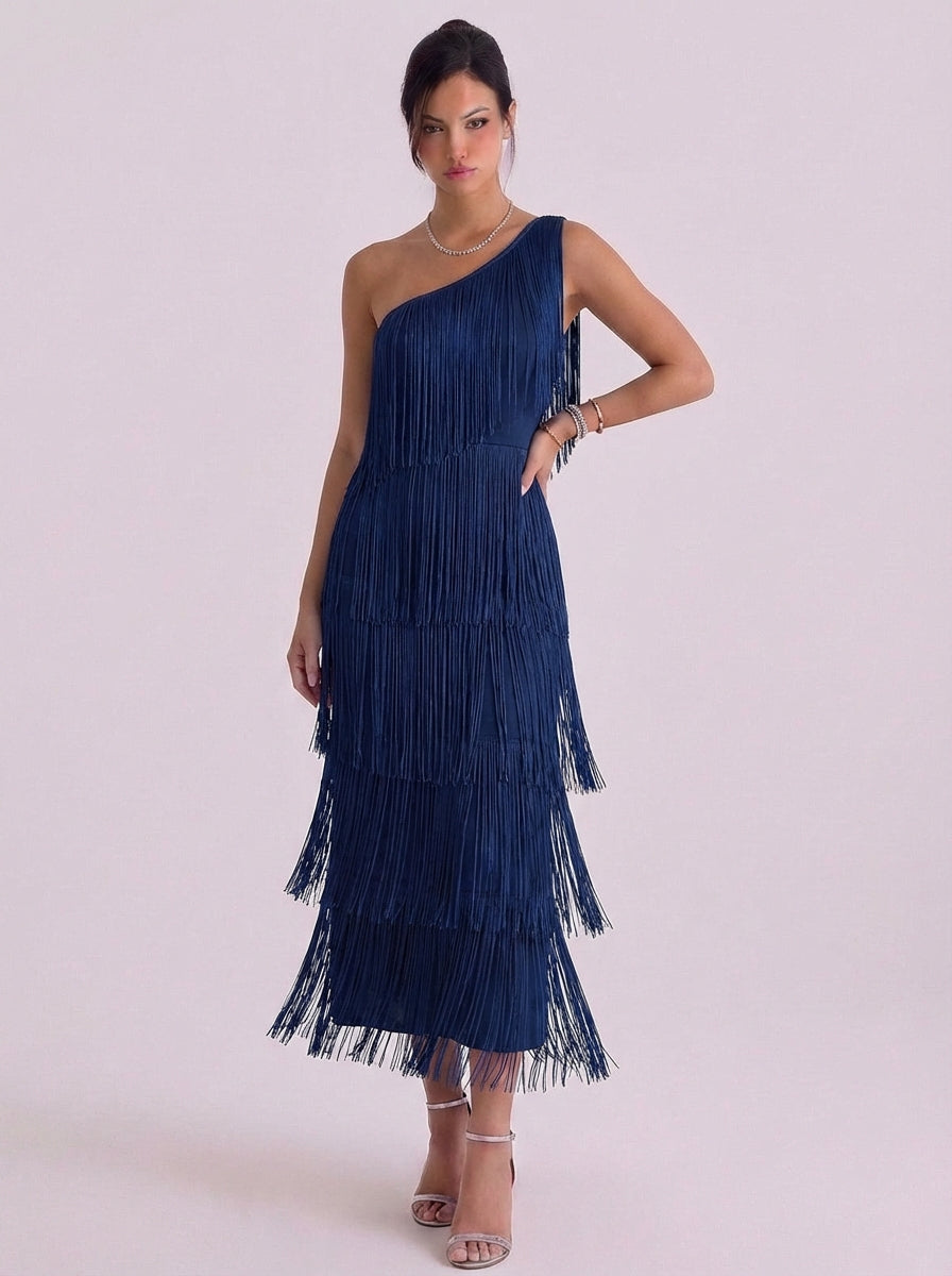 Jersey One Shoulder Fringe Midi Dress