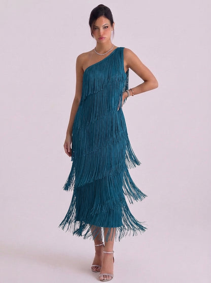 Jersey One Shoulder Fringe Midi Dress