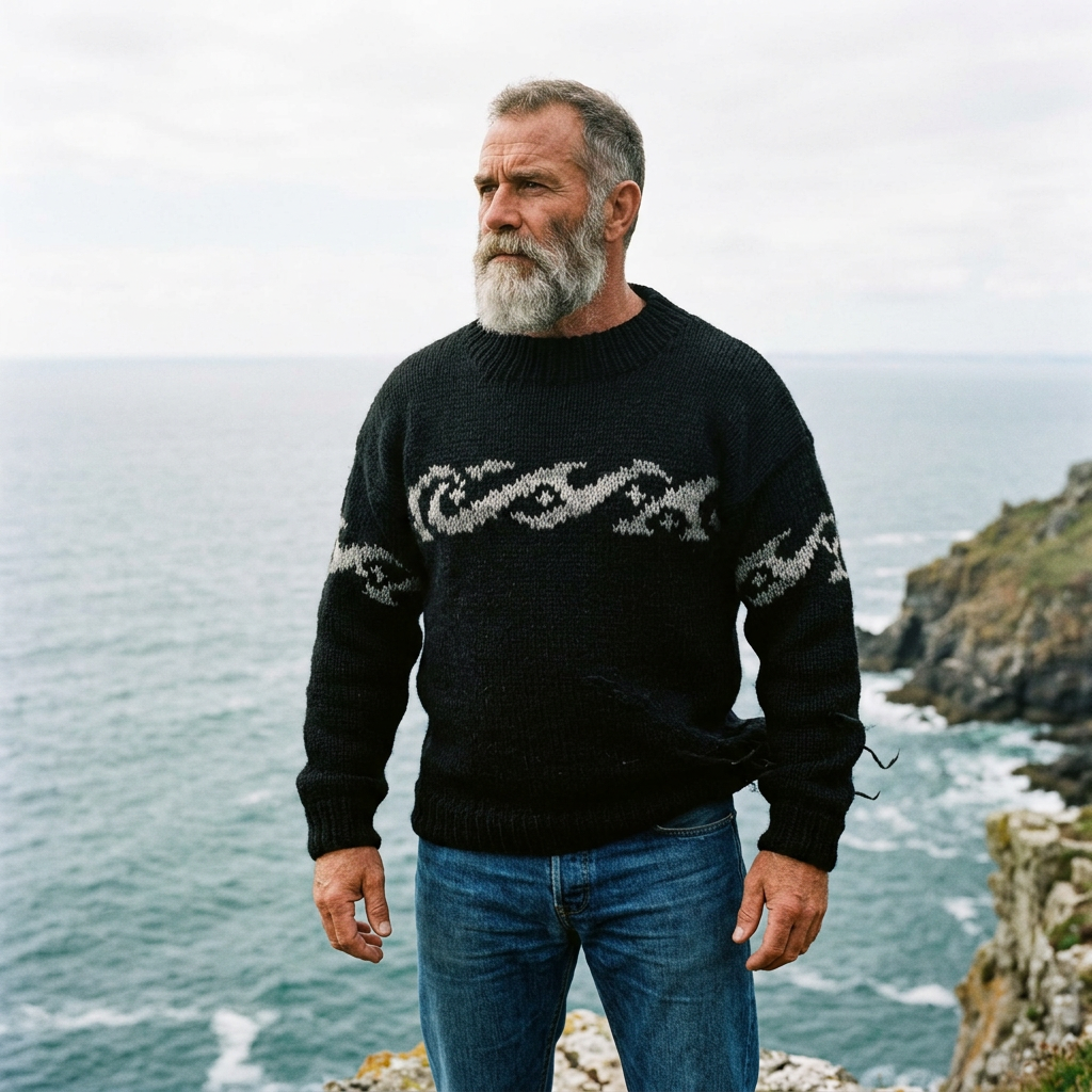 Jet Black Ocean Wave Intarsia Crewneck