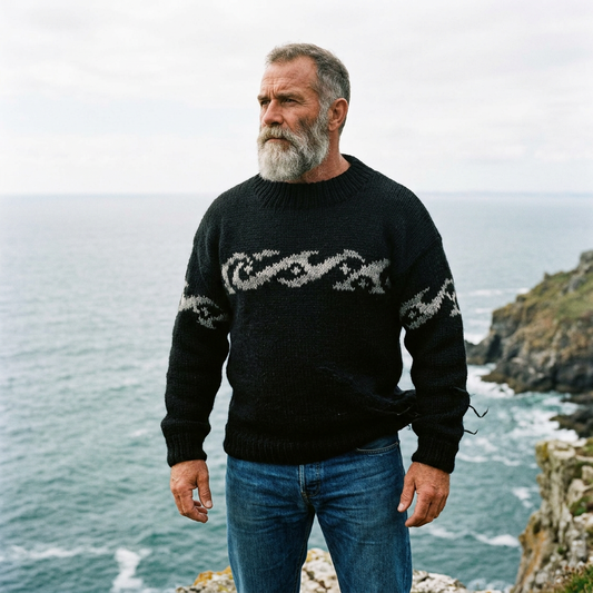 Jet Black Ocean Wave Intarsia Crewneck
