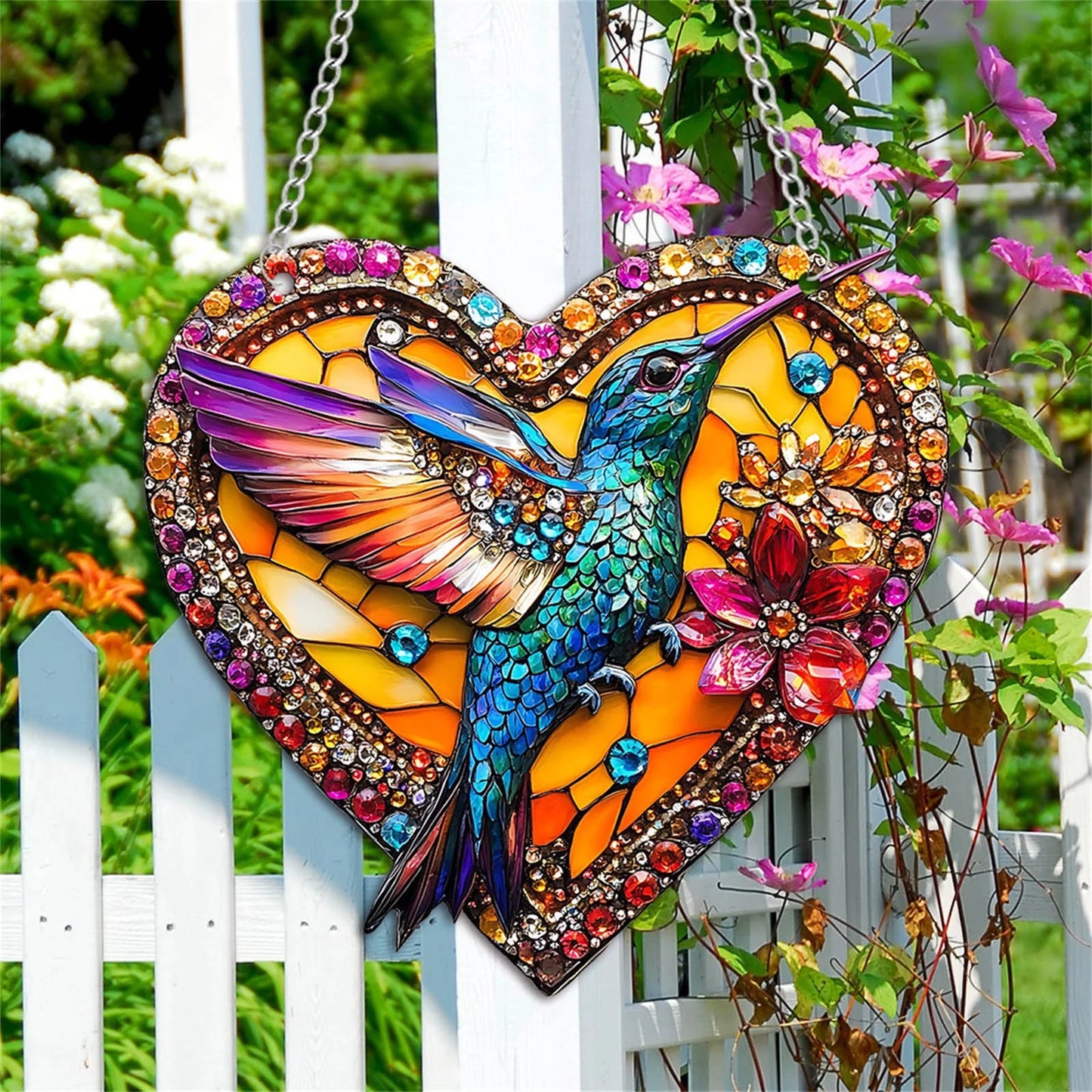 Jeweled Hummingbird Heart Flower Suncatcher