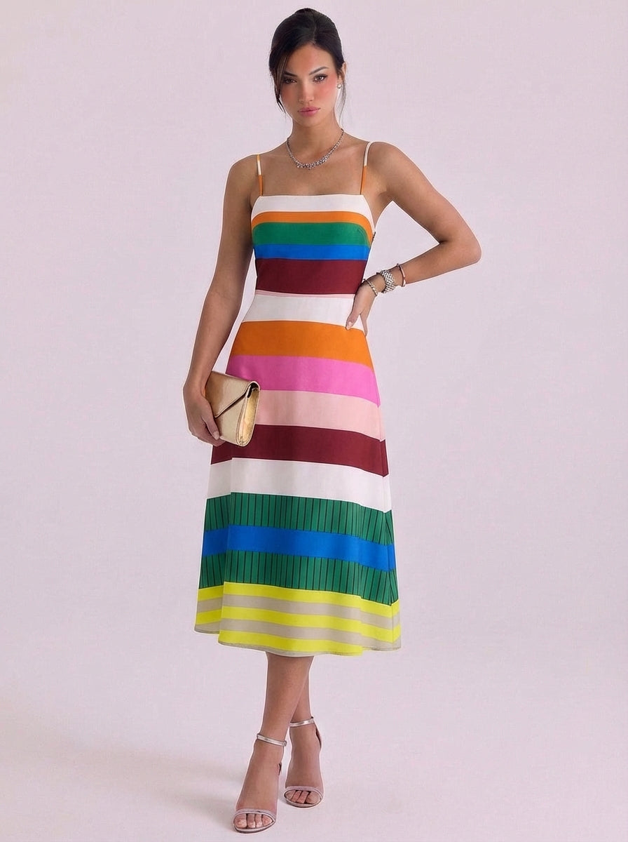 Knit Colorblock Stripe Midi Dress Spaghetti Strap Pleated Hem