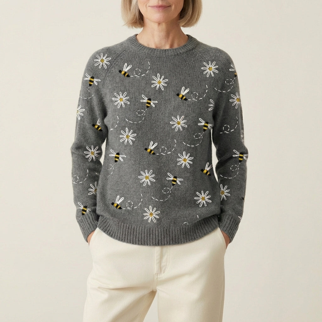 Knit Sweater With Daisy And Bee Embroidery