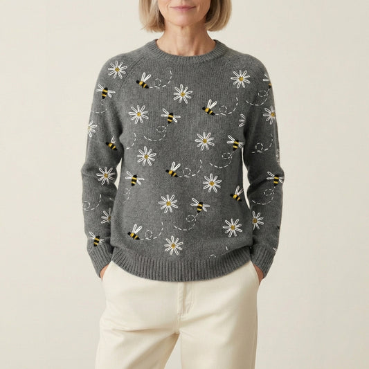 Knit Sweater With Daisy And Bee Embroidery