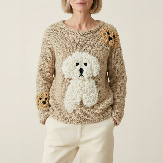 Knit Sweater With Fluffy Dogs Details