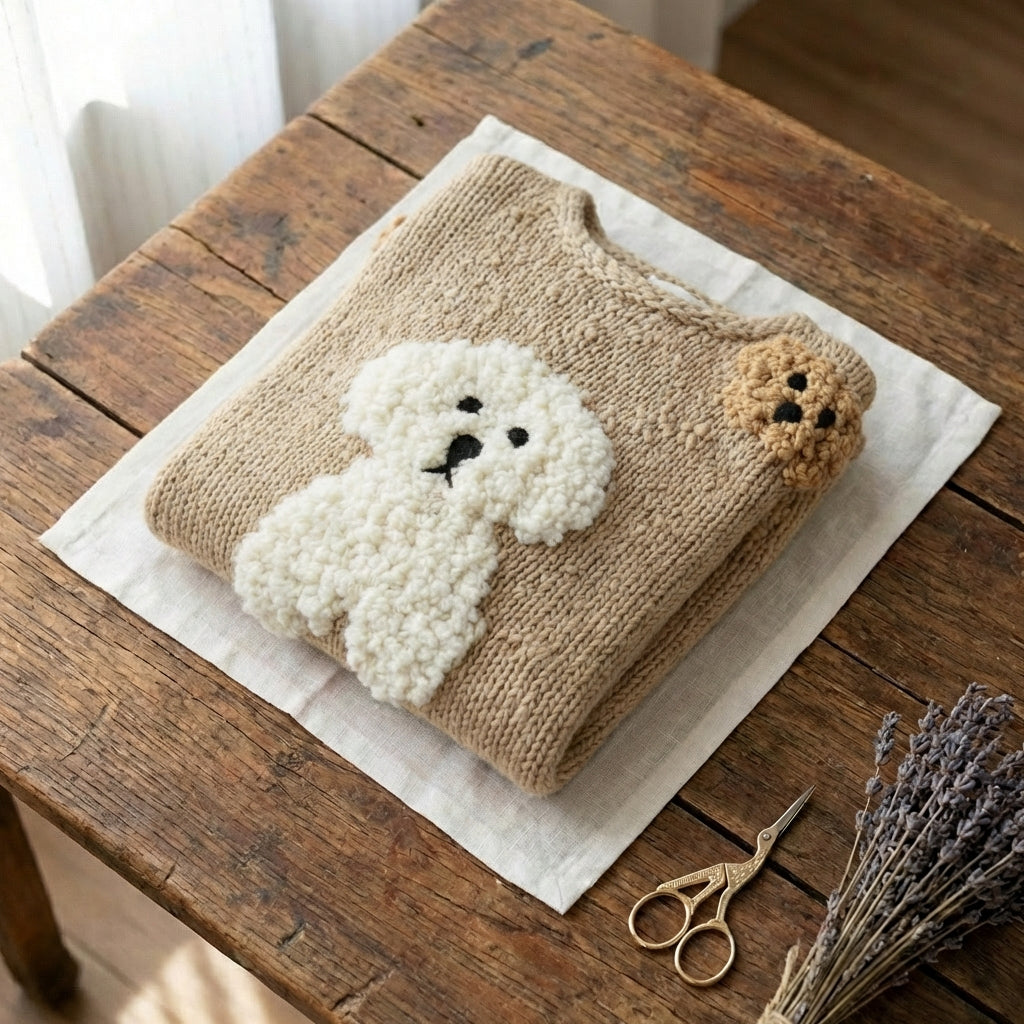 Knit Sweater With Fluffy Dogs Details