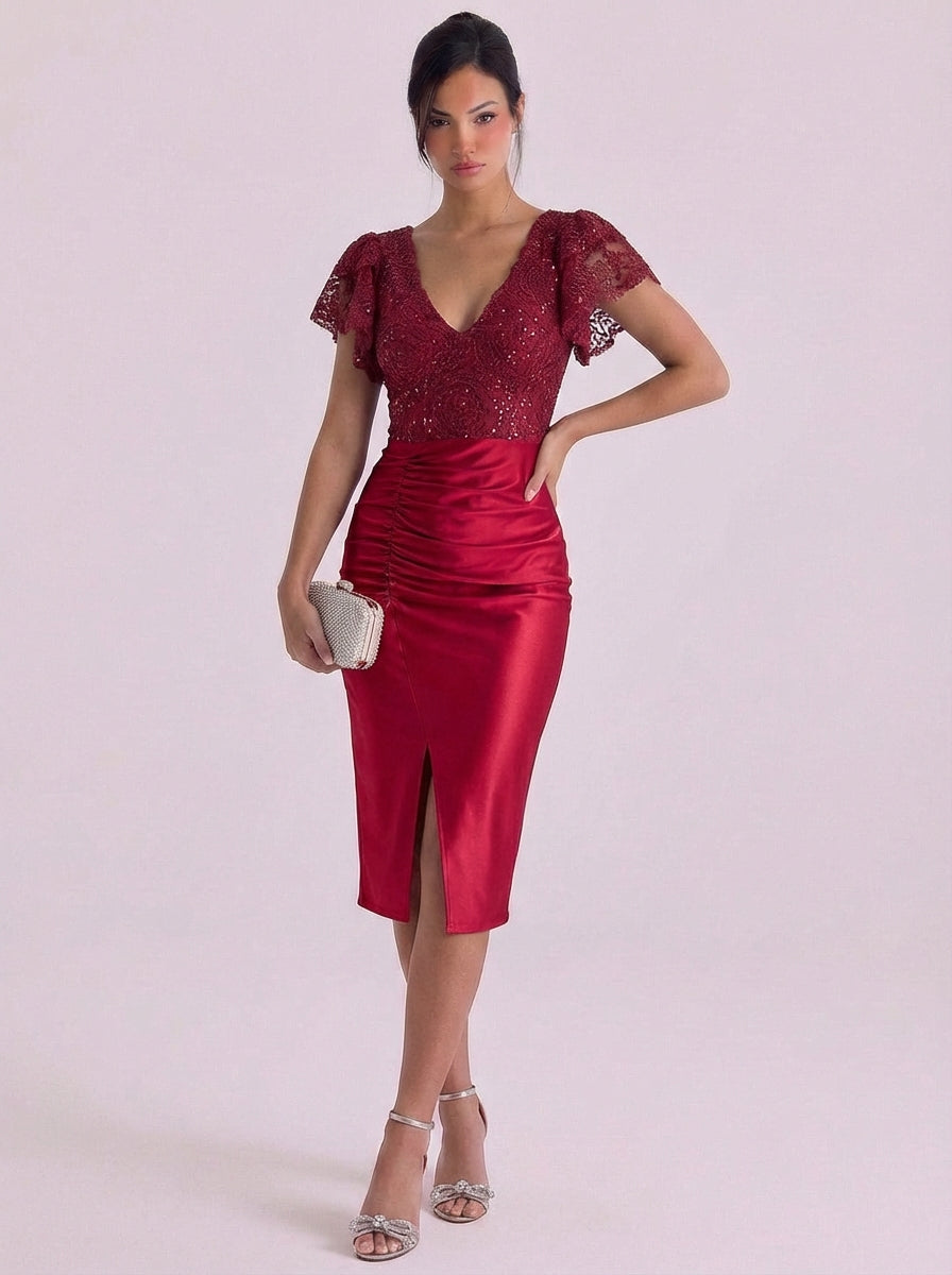 Lace Bodice Satin Midi Dress With High Slit