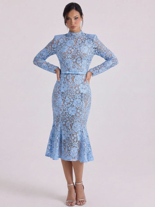 Lace High Neck Midi Dress With Peplum