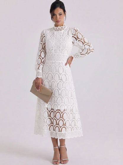 Lace High Neck Midi Dress With Puff