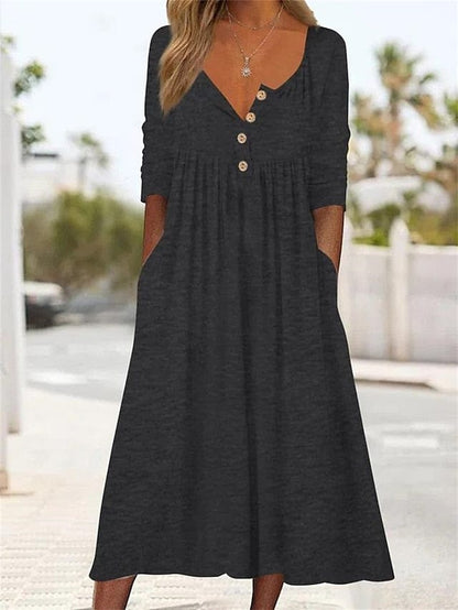 KS | Midi dress with V-neck and ruched pocket for women