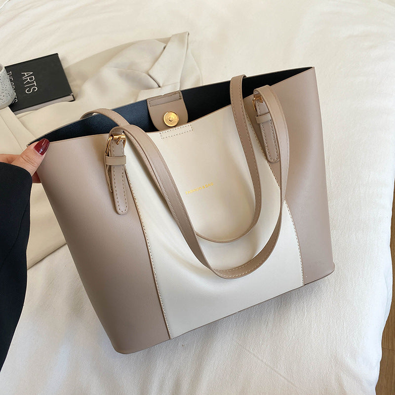 Large Smooth Leather Shopper Tote Bag – Snap Closure Open Top Shoulder