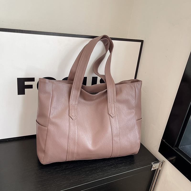 Large Soft Leather Shoulder Tote Bag – Everyday Carry With Side Pocket & Stitch Panel Detail