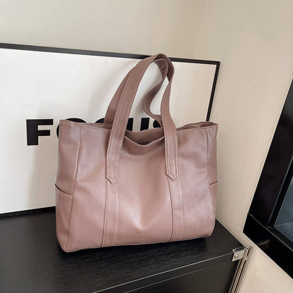 Large Soft Leather Shoulder Tote Bag – Everyday Carry With Side Pocket & Stitch Panel Detail