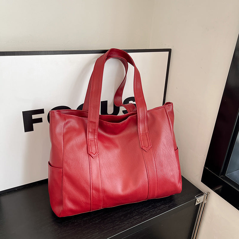Large Soft Leather Shoulder Tote Bag – Everyday Carry With Side Pocket & Stitch Panel Detail