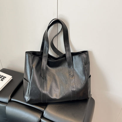 Large Soft Leather Shoulder Tote Bag – Everyday Carry With Side Pocket & Stitch Panel Detail
