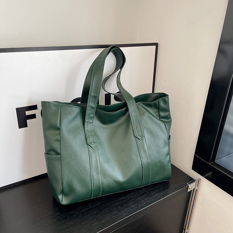 Large Soft Leather Shoulder Tote Bag – Everyday Carry With Side Pocket & Stitch Panel Detail
