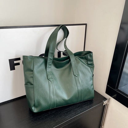 Large Soft Leather Shoulder Tote Bag – Everyday Carry With Side Pocket & Stitch Panel Detail