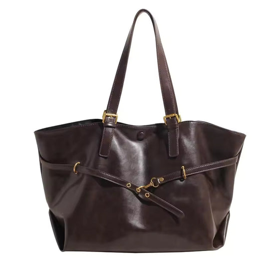 Large Structured Leather Tote Bag – Belted Waist Detail With Gold Buckle