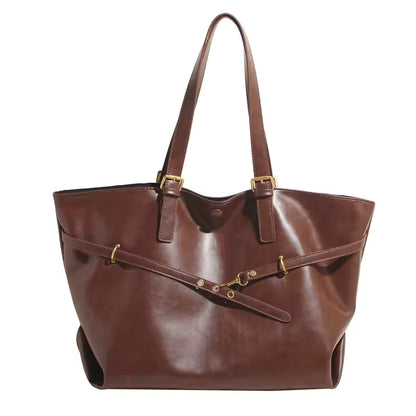 Large Structured Leather Tote Bag – Belted Waist Detail With Gold Buckle