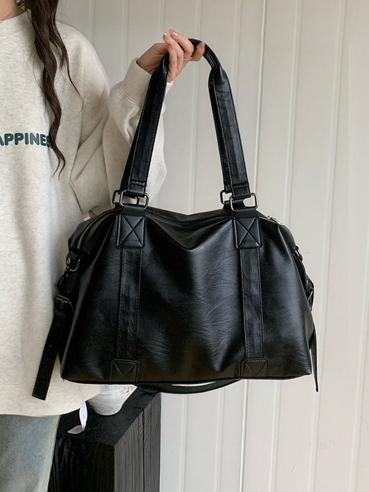 Large Washed Leather Duffle Shoulder Bag – Crossbody Weekend Tote With Matte