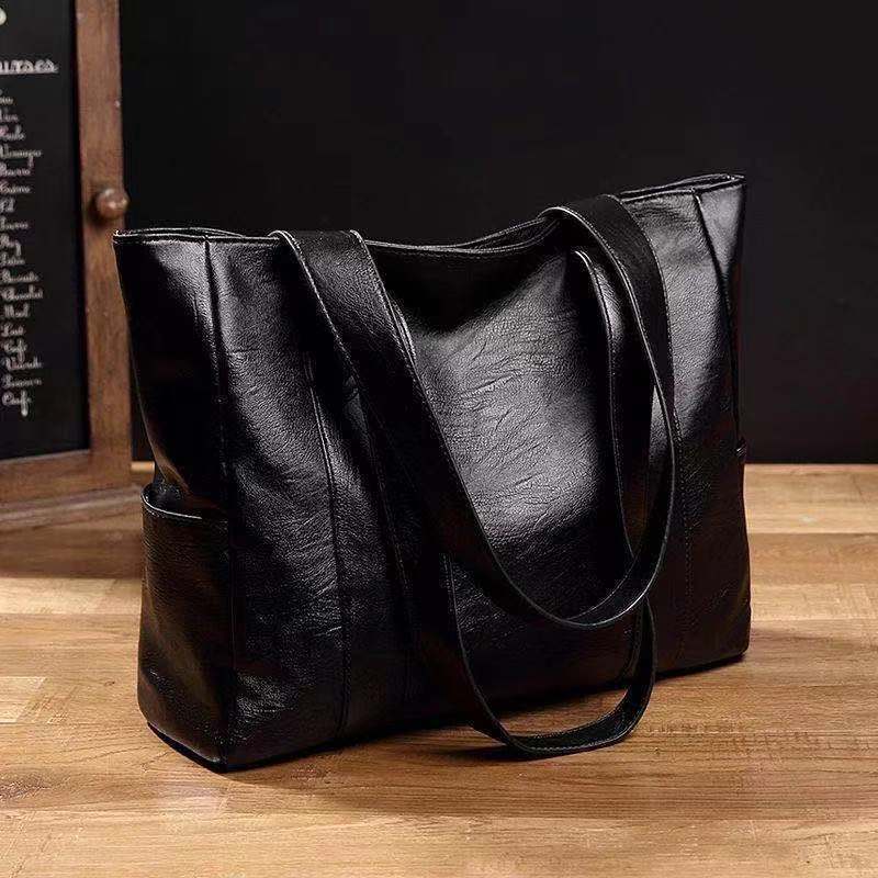 Large Waxed Leather Shopper Tote Bag – Oversized Dual Handle Shoulder Bag With Side