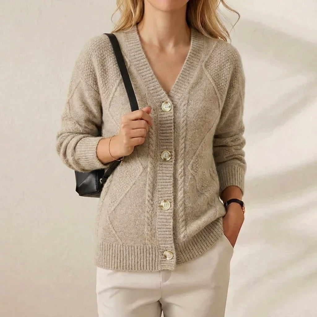 Latte Diamond Cardigan Oatmeal Cable Knit Button-Up Cardigan