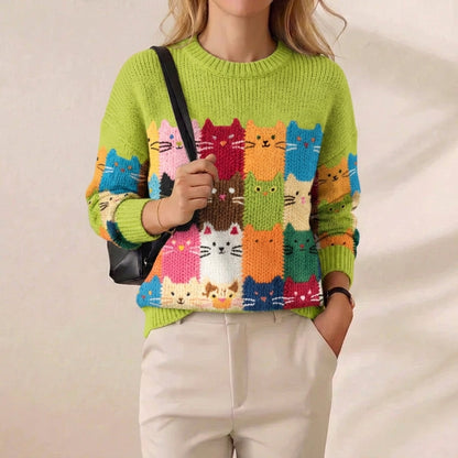 Lime Green Rainbow Cats Intarsia Crew Neck Knit Sweater