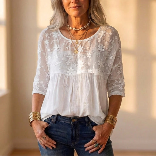 Linen Blouse With Cream Embroidered Daisy Lace