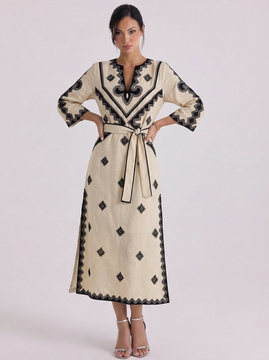 Linen Embroidered Belted Midi Dress