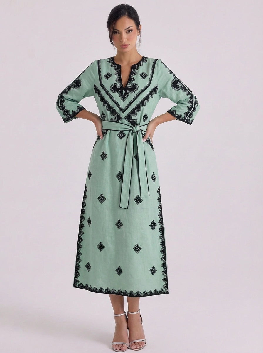 Linen Embroidered Belted Midi Dress
