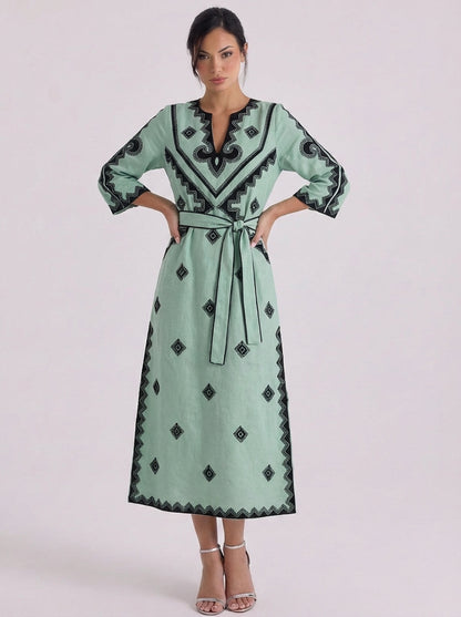Linen Embroidered Belted Midi Dress