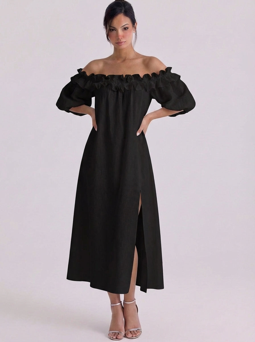 Linen Off Shoulder Ruffle Midi Dress With Puff